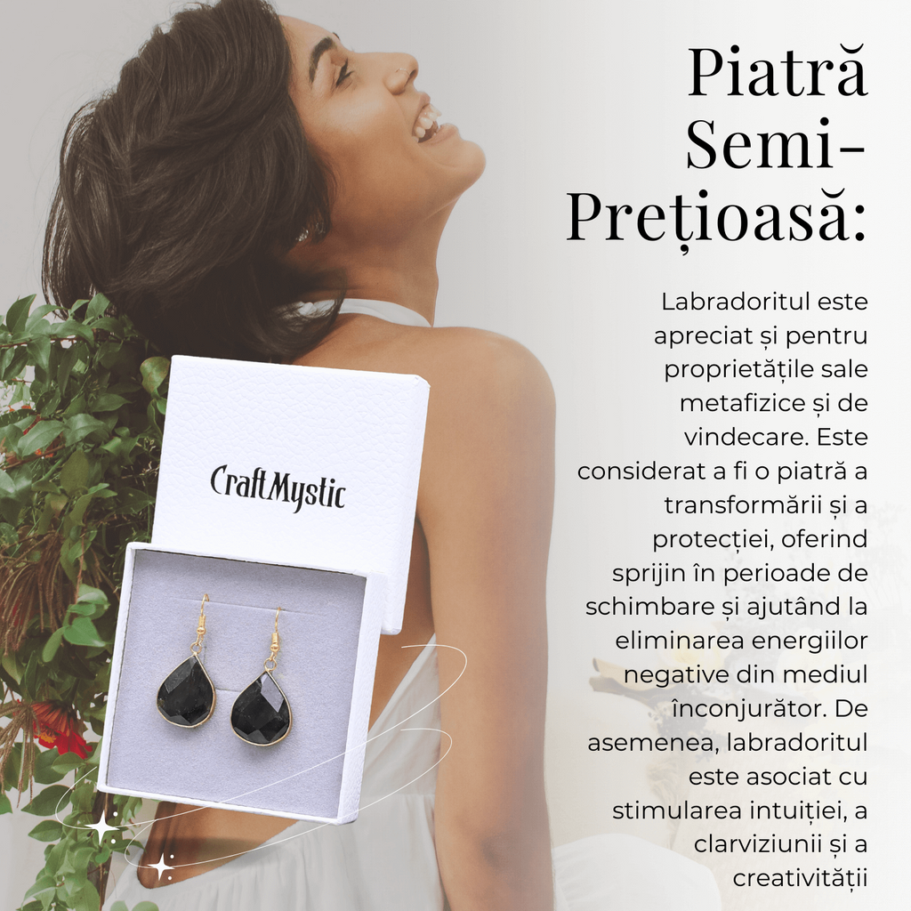 Cercei Aurii cu Labradorit Natural Fatetat in forma de "lacrima"