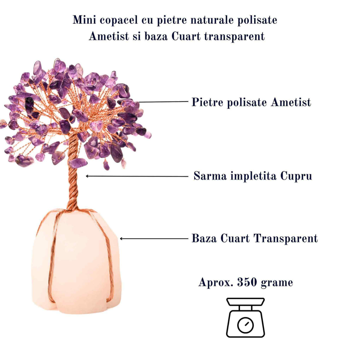 Copacel 13-14 cm din pietre semipretioase polisate de ametist si baza de piatra naturala de cuart transparent - Arbore din cristale semipretioase pentru energie pozitiva atrage norocul, decor Feng Sh