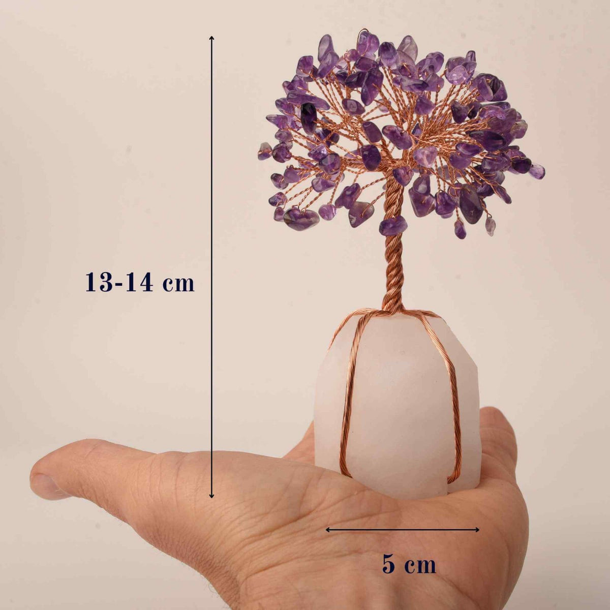 Copacel 13-14 cm din pietre semipretioase polisate de ametist si baza de piatra naturala de cuart transparent - Arbore din cristale semipretioase pentru energie pozitiva atrage norocul, decor Feng Sh