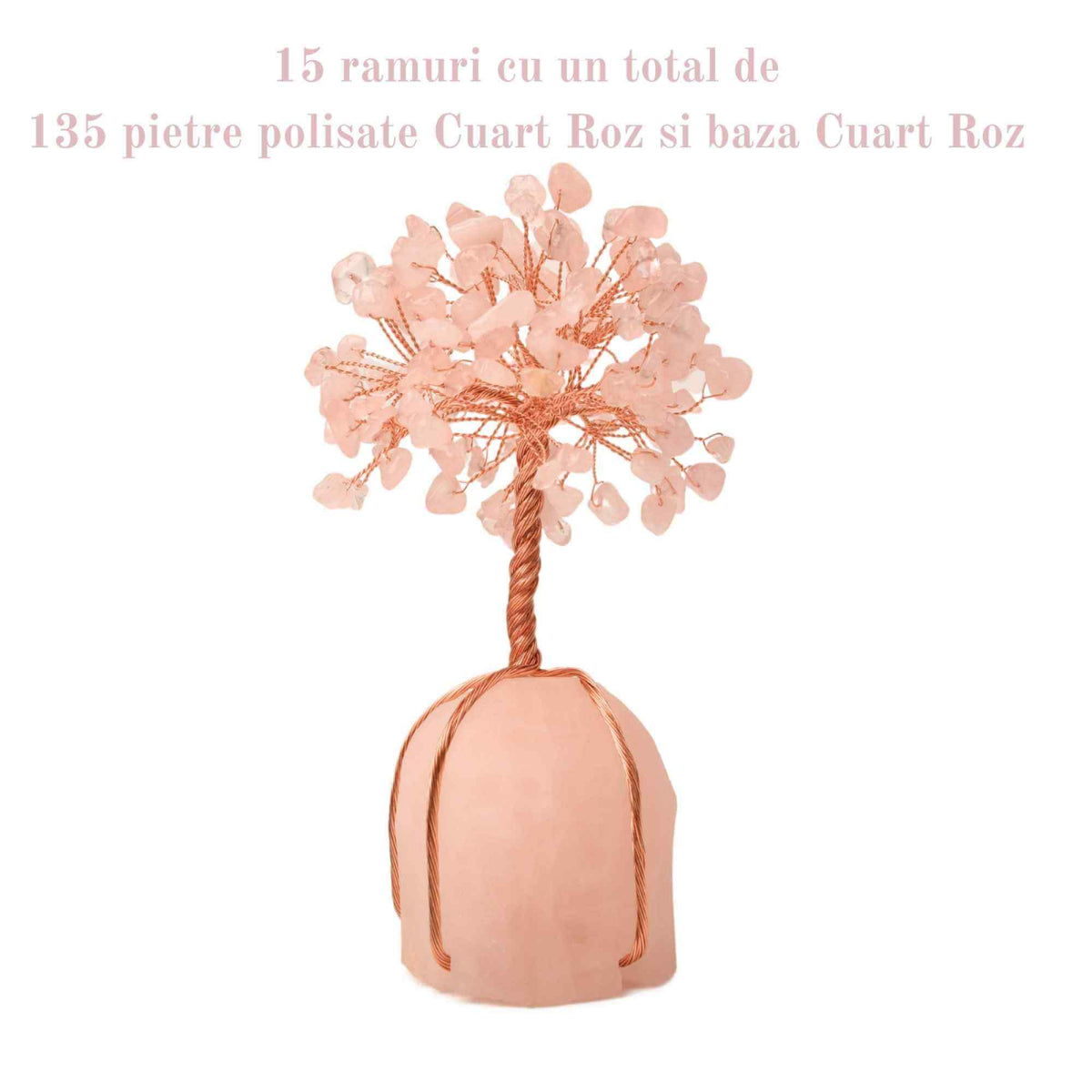 Arborele vietii 13-14 cm din pietre semipretioase polisate de cuart roz si baza de piatra naturala de cuart roz - Copacel de cristal pentru energie pozitiva atrage norocul, decor Feng Shui, cadou spi
