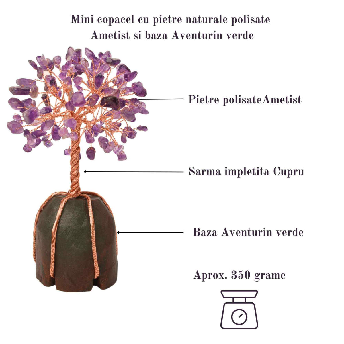 Copacel 13-14 cm din pietre semipretioase polisate de ametist si baza de piatra naturala de aventurin verde - Arbore din cristale semipretioase pentru energie pozitiva, cadou spiritual