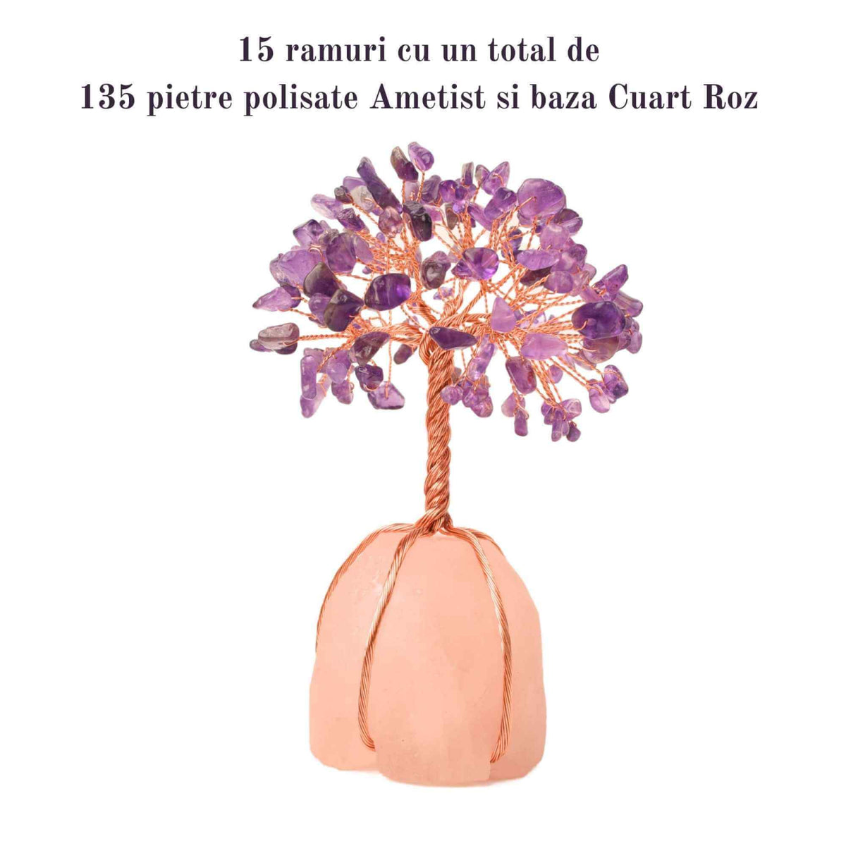 Copacel 13-14 cm din pietre semipretioase polisate de ametist si baza de piatra naturala de cuart roz - Arbore din cristale semipretioase pentru energie pozitiva, cadou spiritual