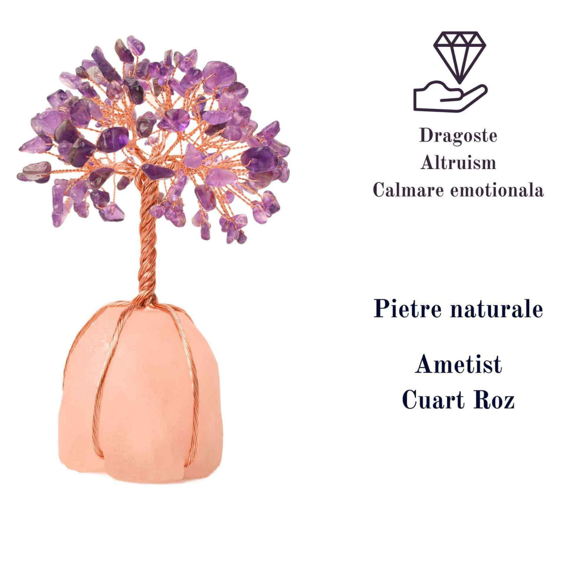 Copacel 13-14 cm din pietre semipretioase polisate de ametist si baza de piatra naturala de cuart roz - Arbore din cristale semipretioase pentru energie pozitiva, cadou spiritual