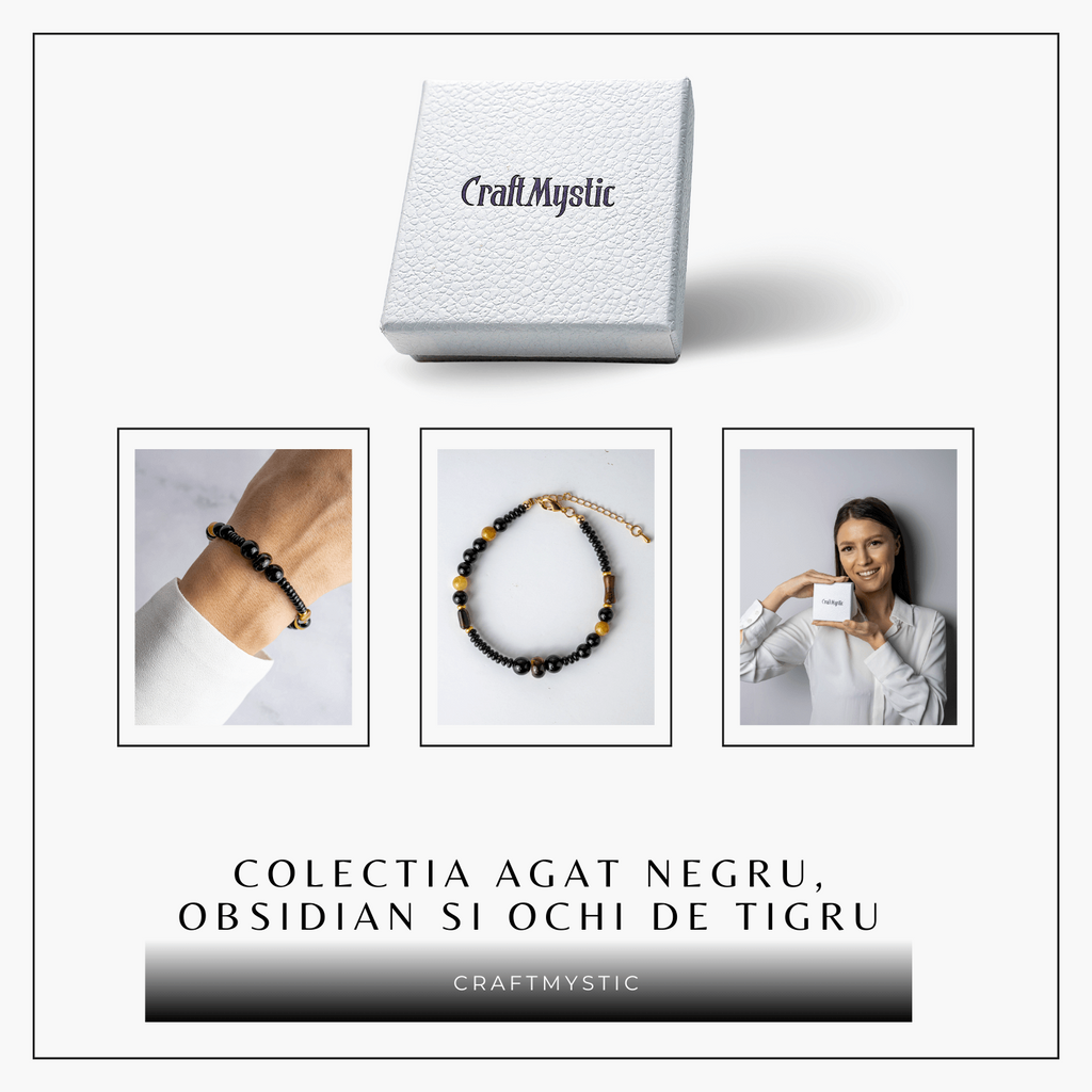 Scut Energetic – Bratara cu Agat Negru, Obsidian si Ochi de Tigru