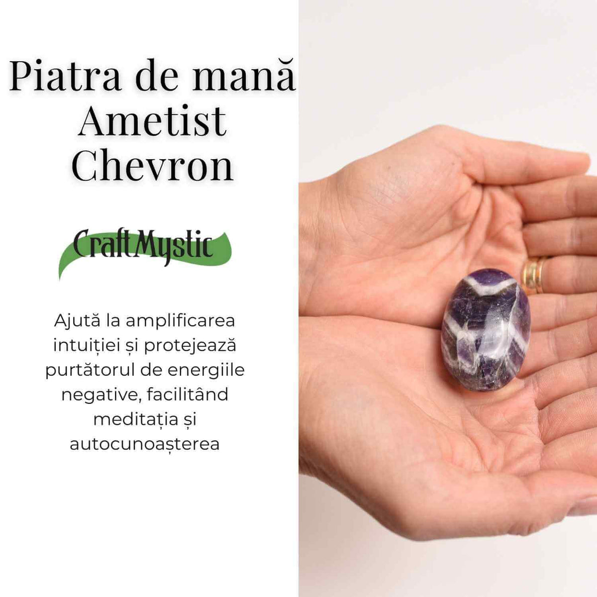 Piatra Ovala Sculptata din Ametist Chevron, Claritate si Protectie - Piatra de Mana