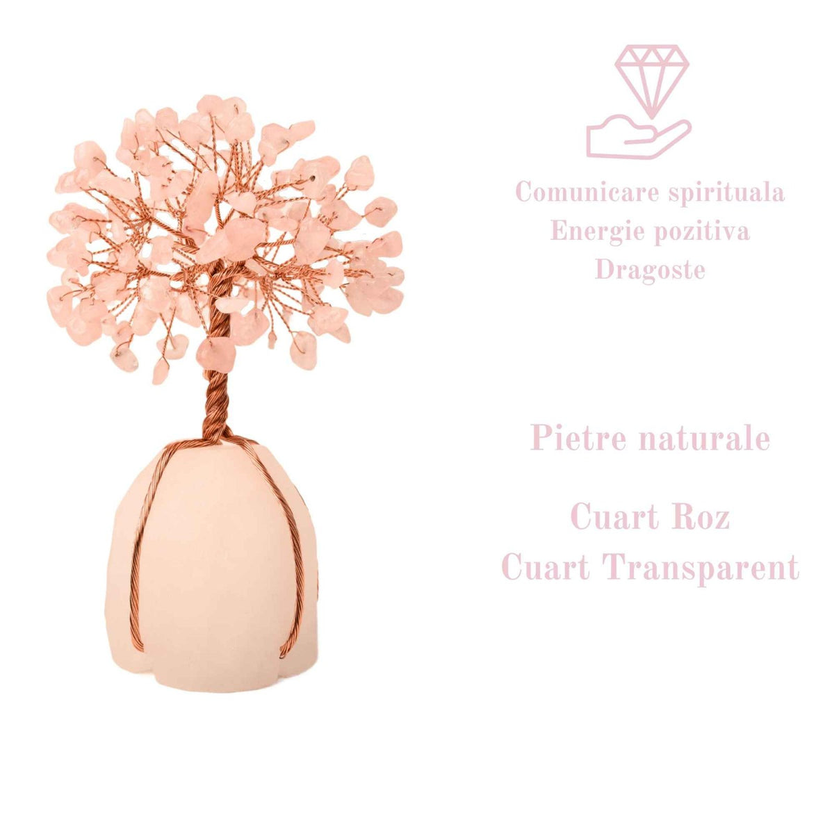Arborele vietii 13-14 cm din pietre semipretioase polisate de cuart roz si baza de piatra naturala de cuart transparent - Copacel de cristal pentru energie pozitiva atrage norocul, decor Feng Shui, c