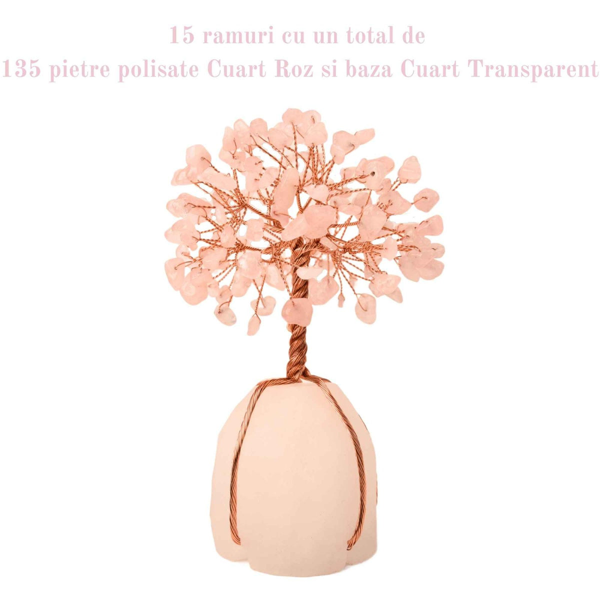 Arborele vietii 13-14 cm din pietre semipretioase polisate de cuart roz si baza de piatra naturala de cuart transparent - Copacel de cristal pentru energie pozitiva atrage norocul, decor Feng Shui, c