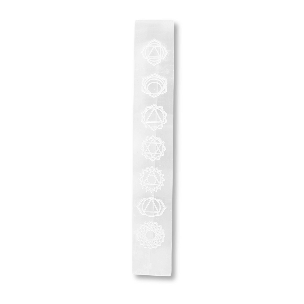 Bagheta de Selenit 15x2.5 cm cu Semnele Chakrelor - Curatare si Incarcare Cristale