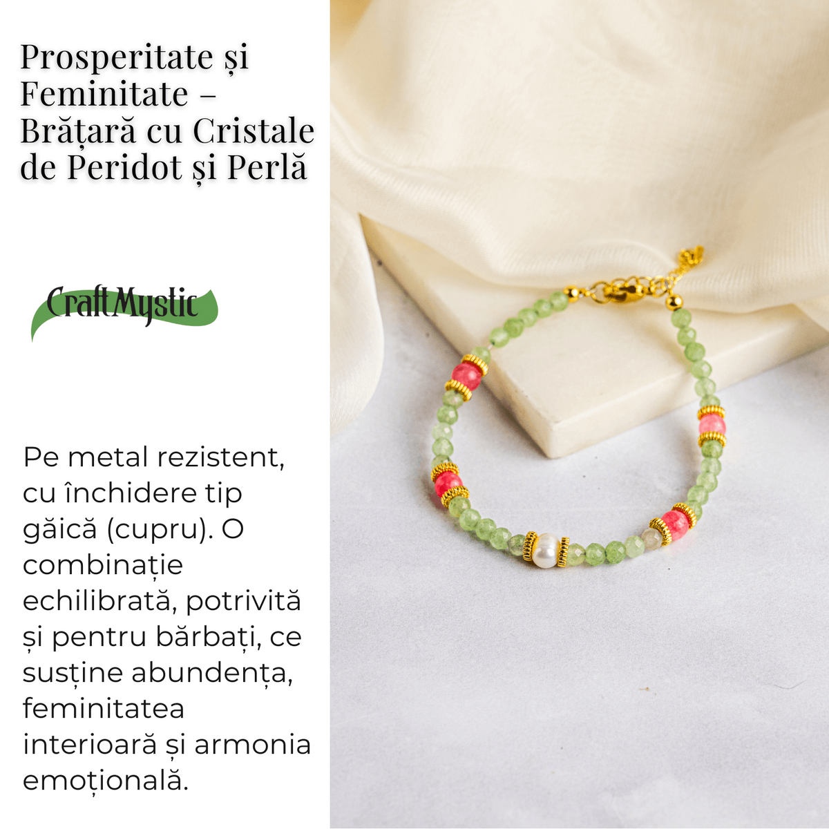 Prosperitate si Feminitate – Bratara cu Cristale de Peridot si Perla