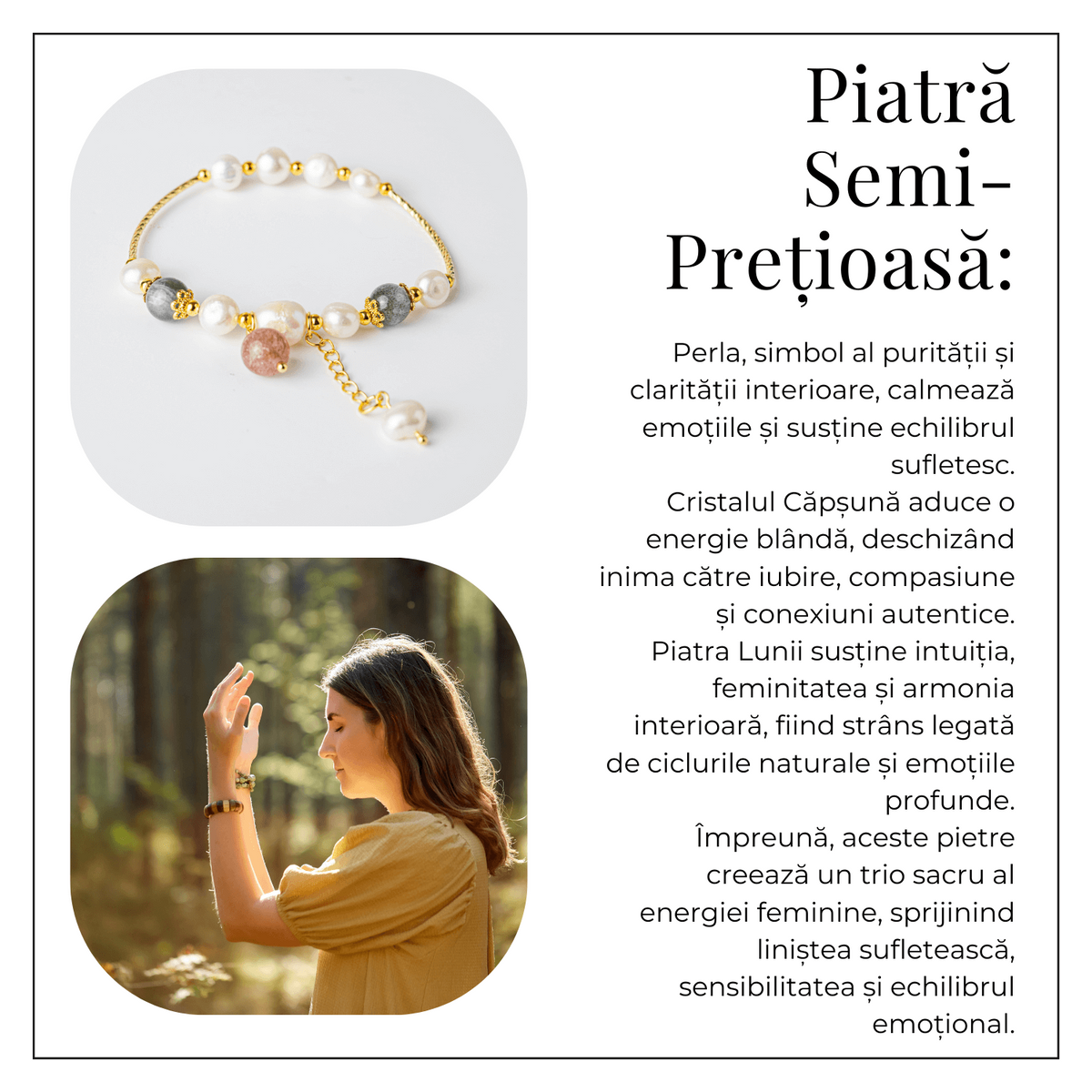 Energie Feminina– Bratara cu Perle, Piatra lunii si Cristal Capsuna