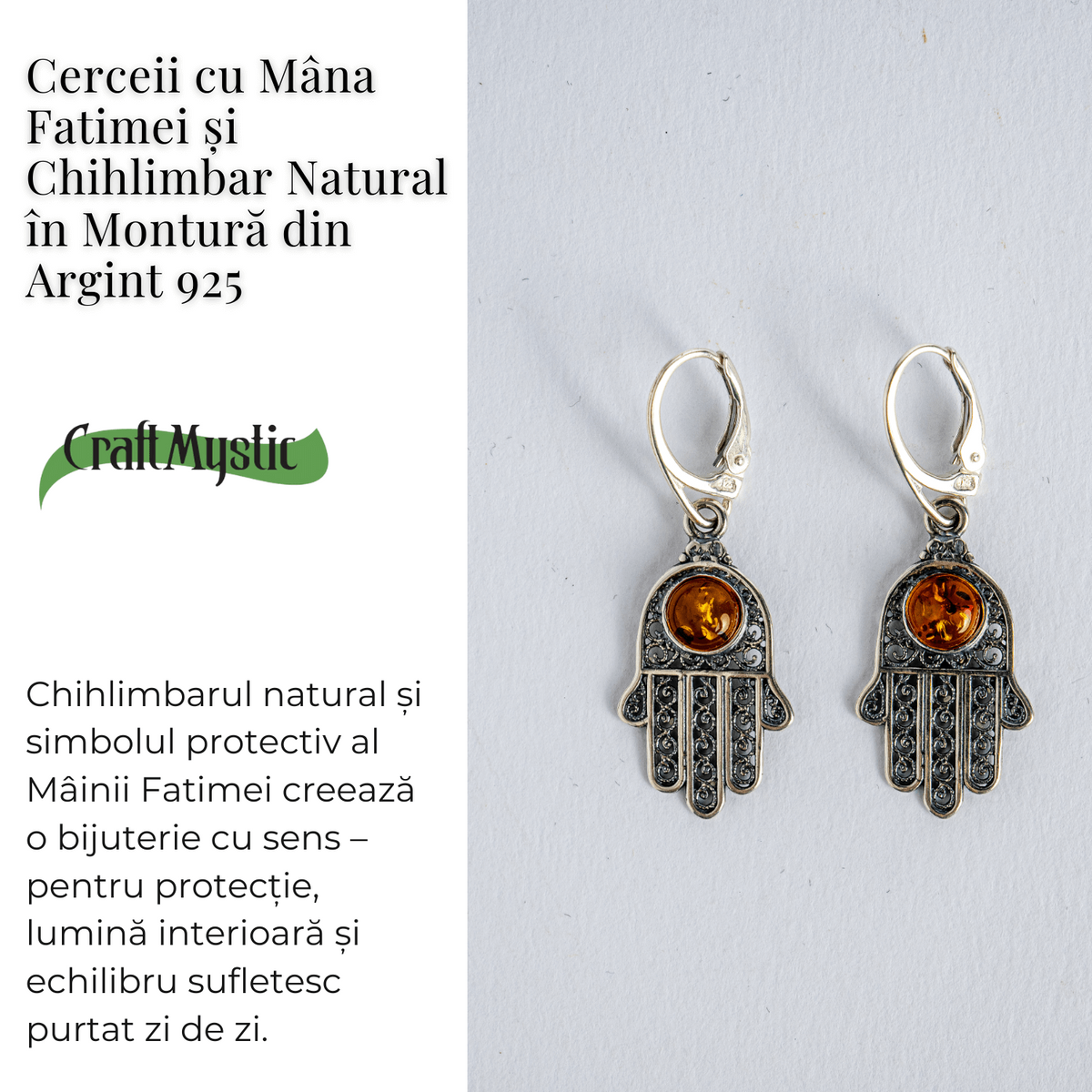 Mana protectiei blande – Cercei cu Mana Fatimei si chihlimbar in montura argint 925