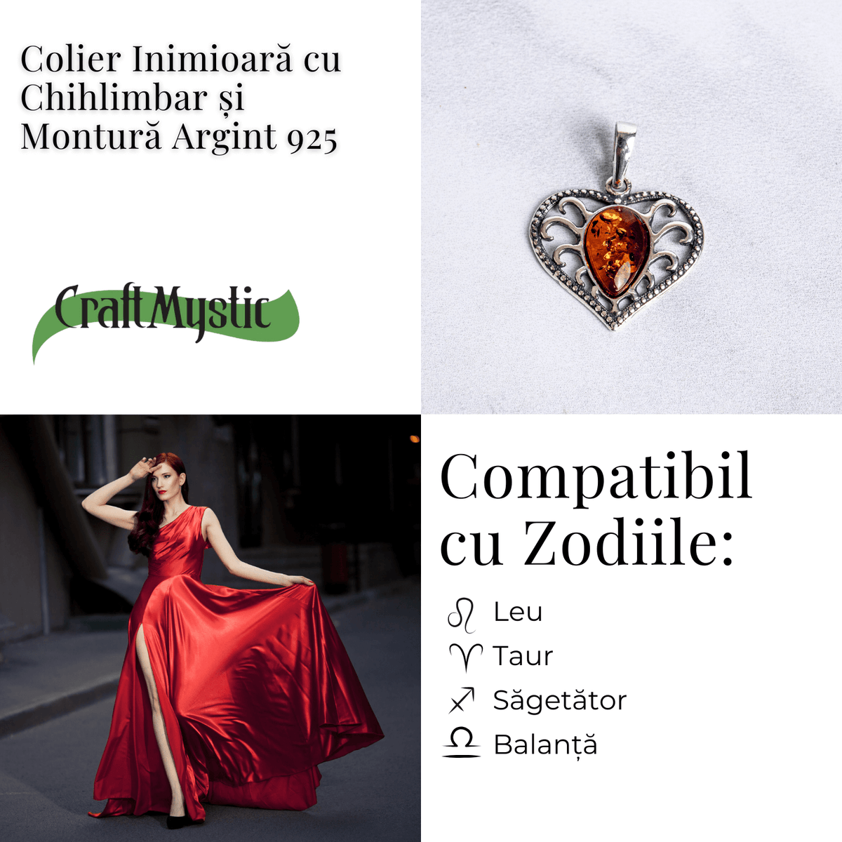 Colier inimioara cu chihlimbar si montura argint 925 – Protectie, caldura si echilibru emotional