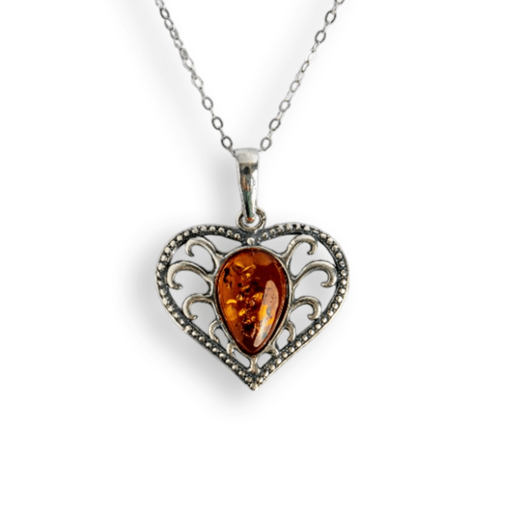 Colier inimioara cu chihlimbar si montura argint 925 – Protectie, caldura si echilibru emotional