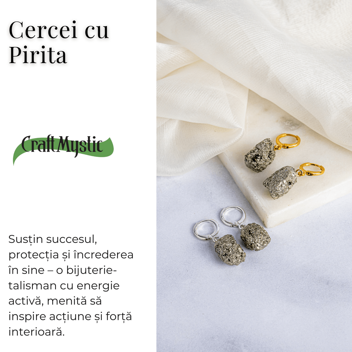 Putere in forma pura – Cercei cu piatra Pirita si montura aurie