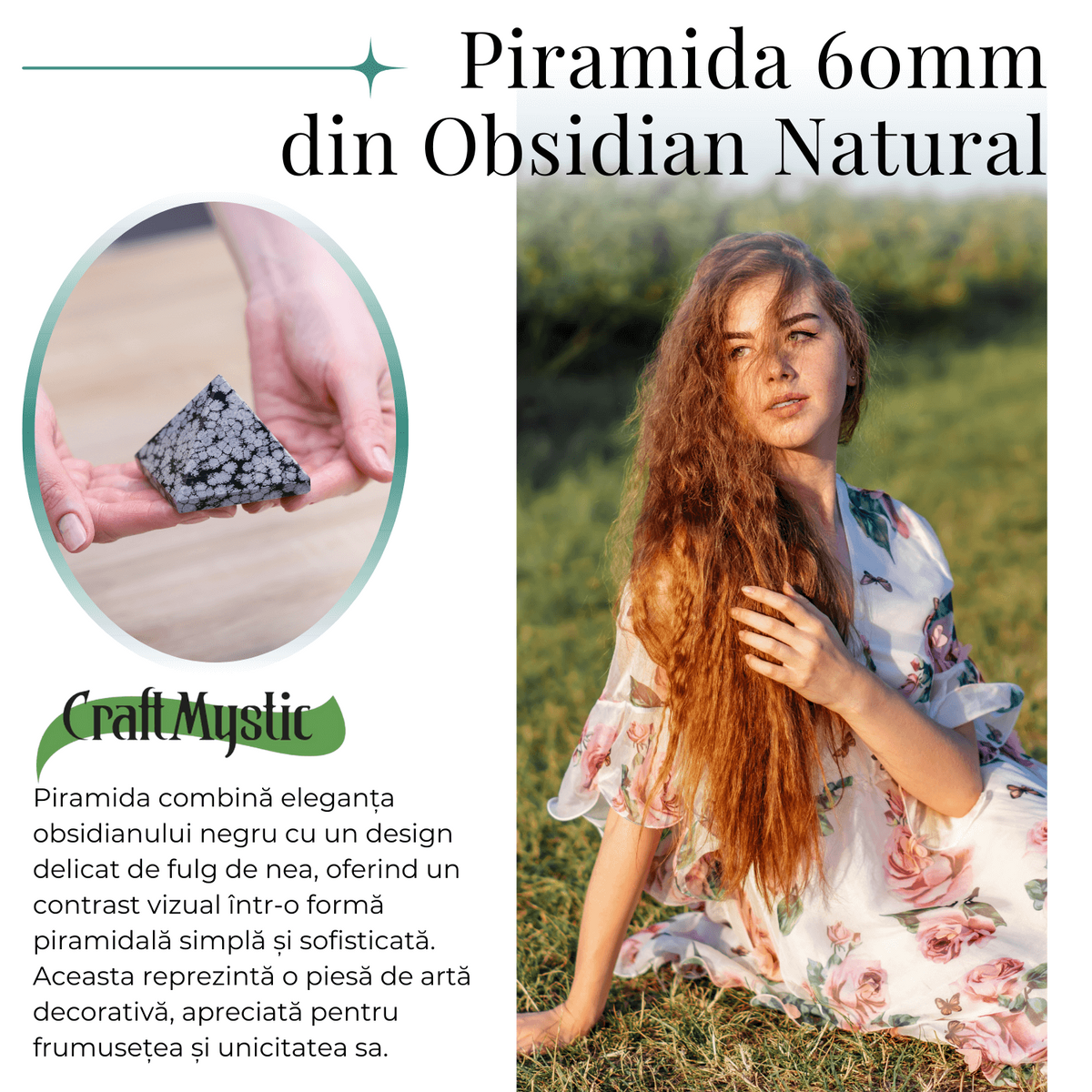 Piramida Sculptata Manual 60mm din Piatra Obsidian Fulg de Nea Natural