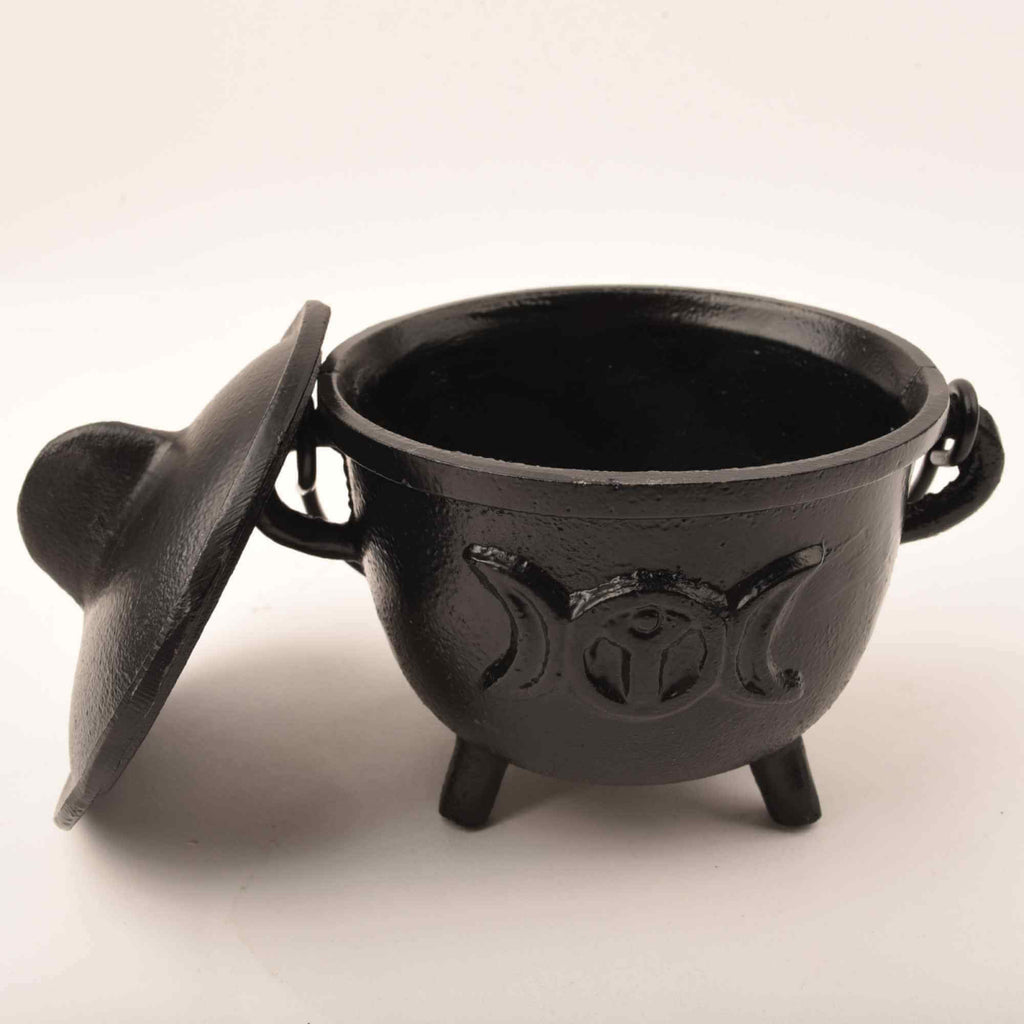 Ceaun "Cauldron" din Fonta cu design Triple Moon, cu Capac si Maner - Cazan de Vrajitoare, Ideal pentru Arderea Tamaii pe Carbune si Smudging cu Salvie