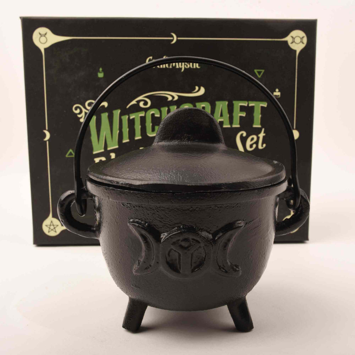Ceaun "Cauldron" din Fonta cu design Triple Moon, cu Capac si Maner - Cazan de Vrajitoare, Ideal pentru Arderea Tamaii pe Carbune si Smudging cu Salvie