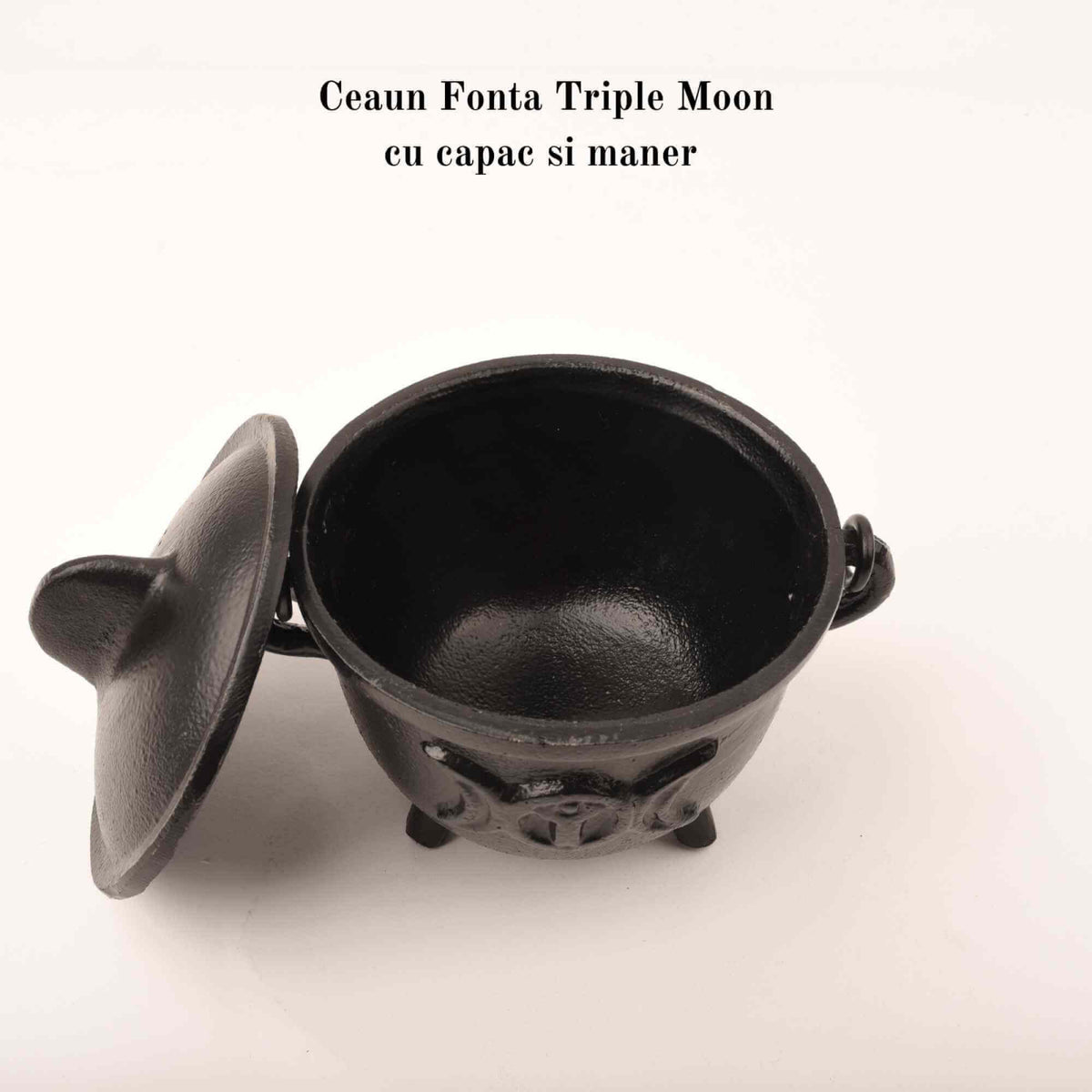 Ceaun "Cauldron" din Fonta cu design Triple Moon, cu Capac si Maner - Cazan de Vrajitoare, Ideal pentru Arderea Tamaii pe Carbune si Smudging cu Salvie