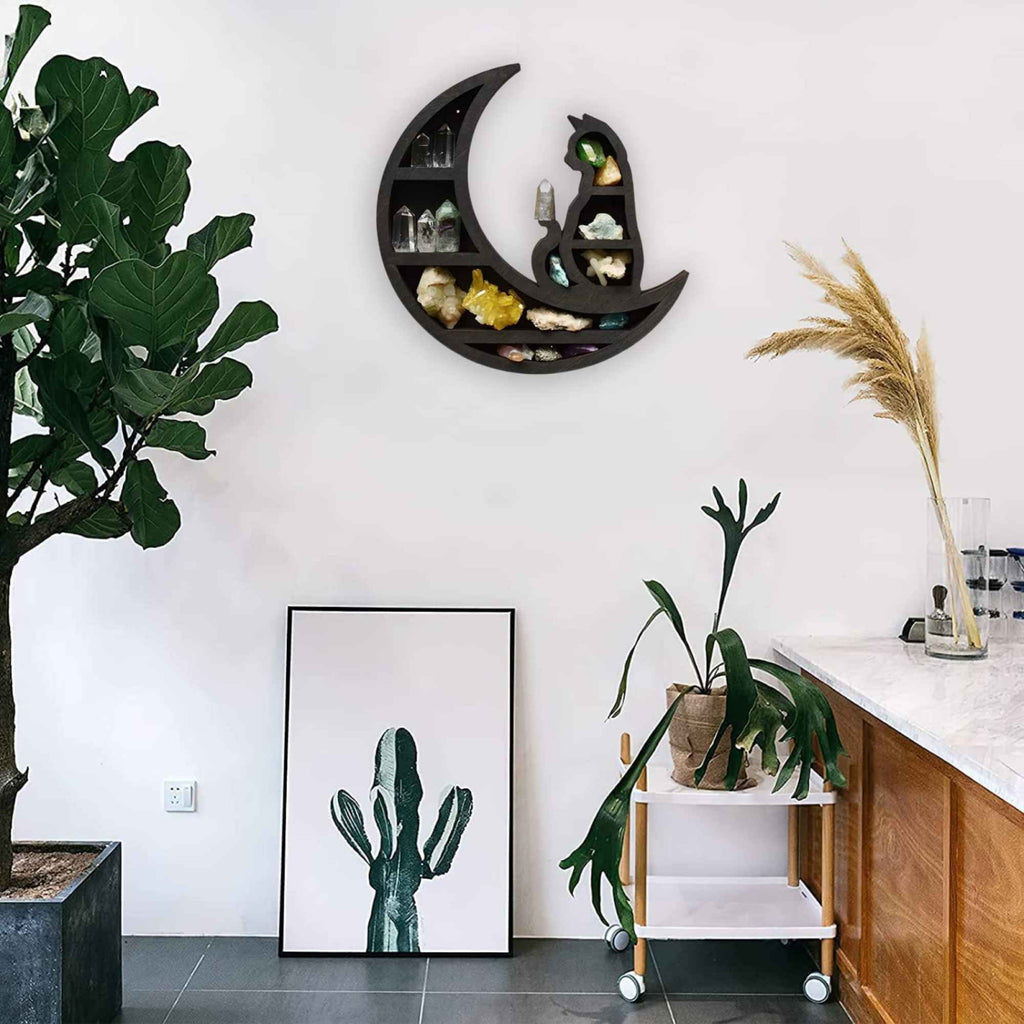 Mini Raft 30x30 cm expunere din lemn pentru cristale, uleiuri esensiale design Pisica neagra pe luna - Decorare gotică pentru cameră Moon Cat