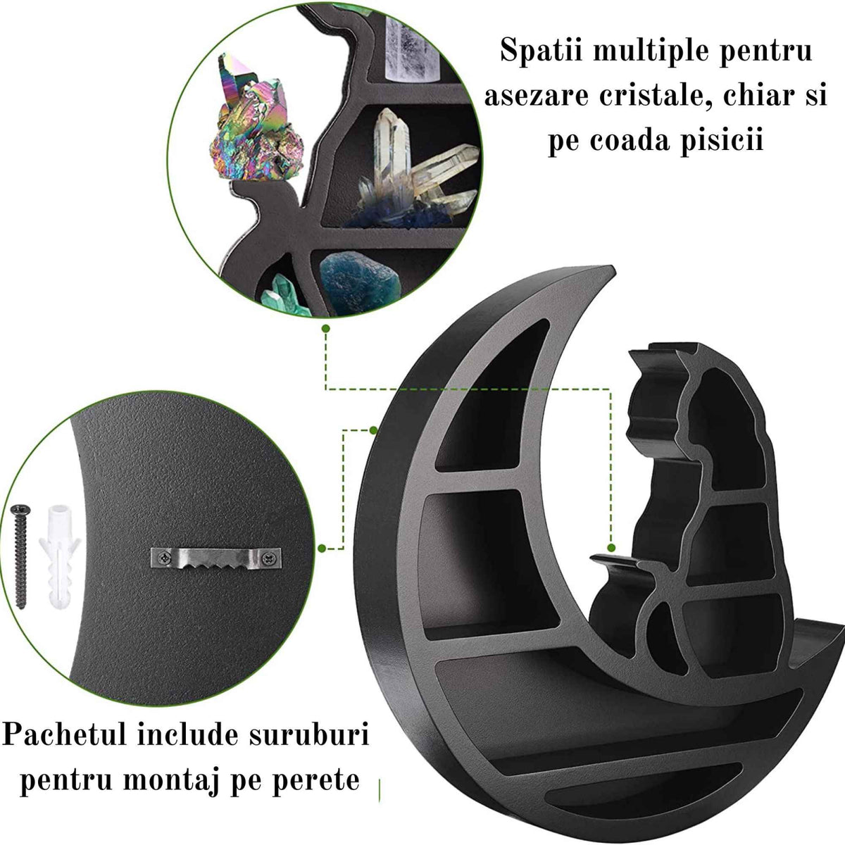 Mini Raft 30x30 cm expunere din lemn pentru cristale, uleiuri esensiale design Pisica neagra pe luna - Decorare gotică pentru cameră Moon Cat