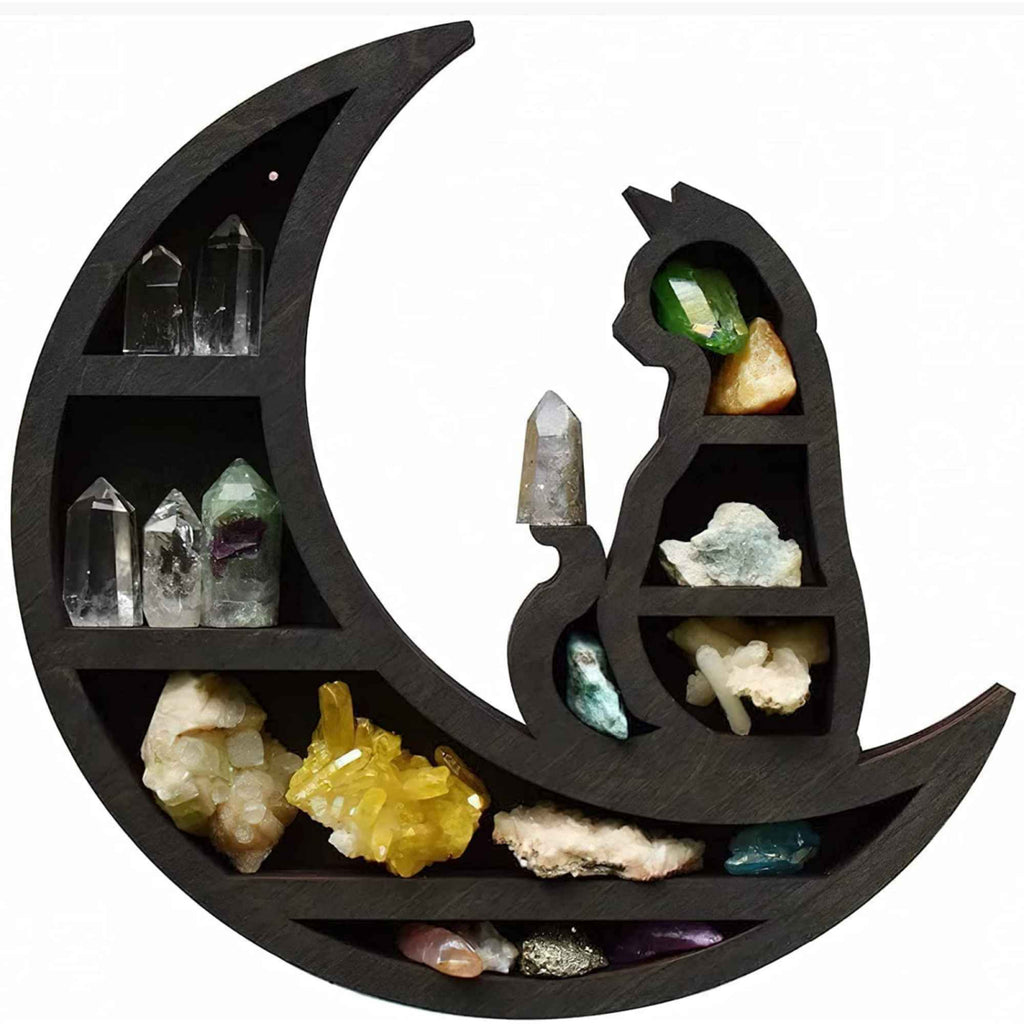 Mini Raft 30x30 cm expunere din lemn pentru cristale, uleiuri esensiale design Pisica neagra pe luna - Decorare gotică pentru cameră Moon Cat