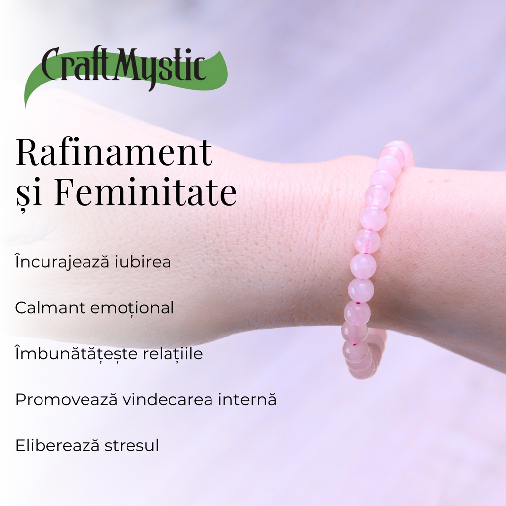 Bratara Elastica cu Margele 6mm din Cuart Roz Semipretios