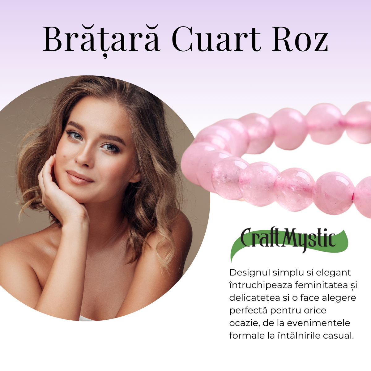 Bratara Elastica cu Margele 6mm din Cuart Roz Semipretios