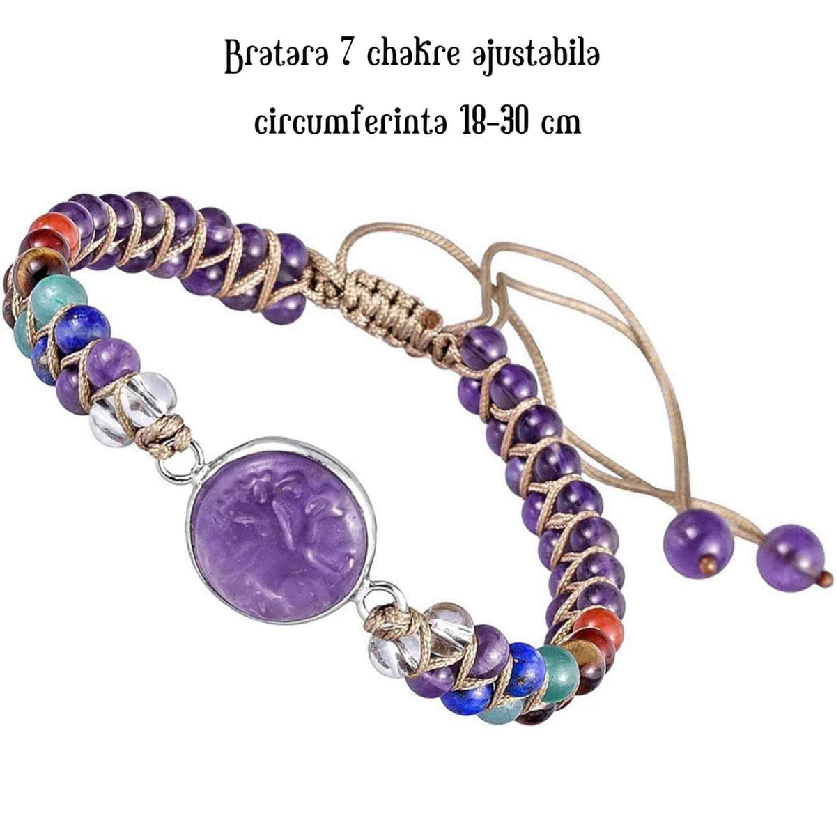 Bratara Reglabila cu Margele 4mm din pietre semipretioase pentru Cele 7 Chakre si Arborele Vietii de Ametist, Realizata Manual