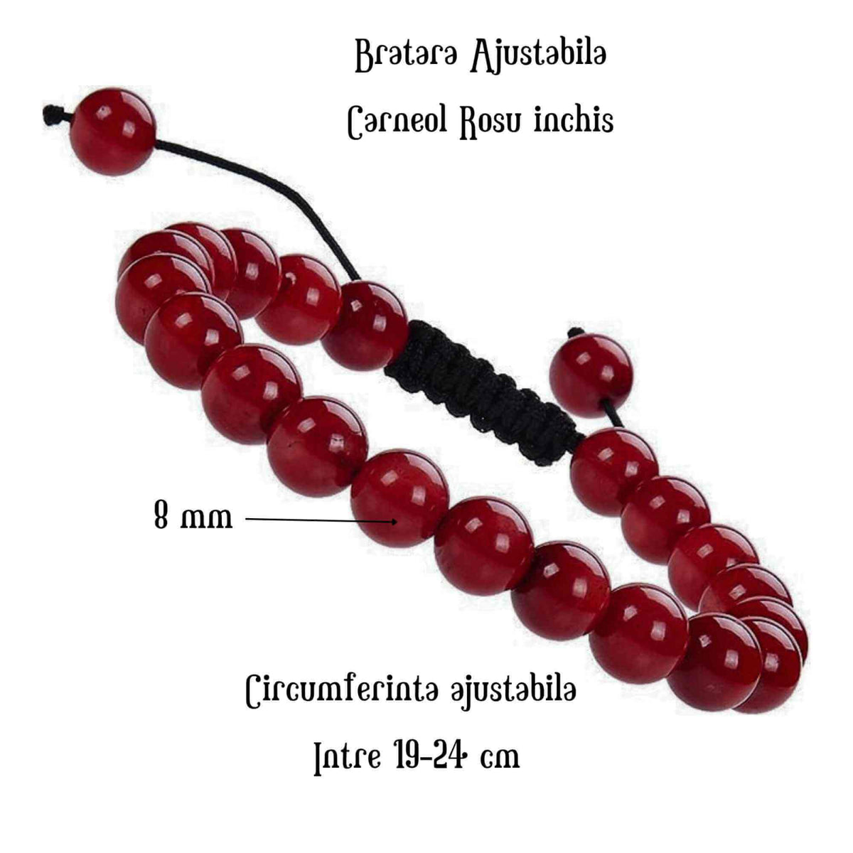 Bratara Ajustabila cu Margele de 8mm din Carneol Rosu Inchis, Circumferinta 19-24 cm - Accesoriu Energetic si Cadou Ideal