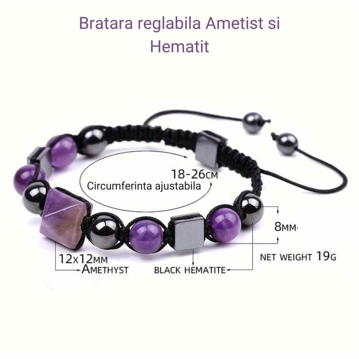 Bratara Ajustabila Impletita cu Margele din Ametist si Hematit de 8mm cu Piramida de Ametist - Cadou Special