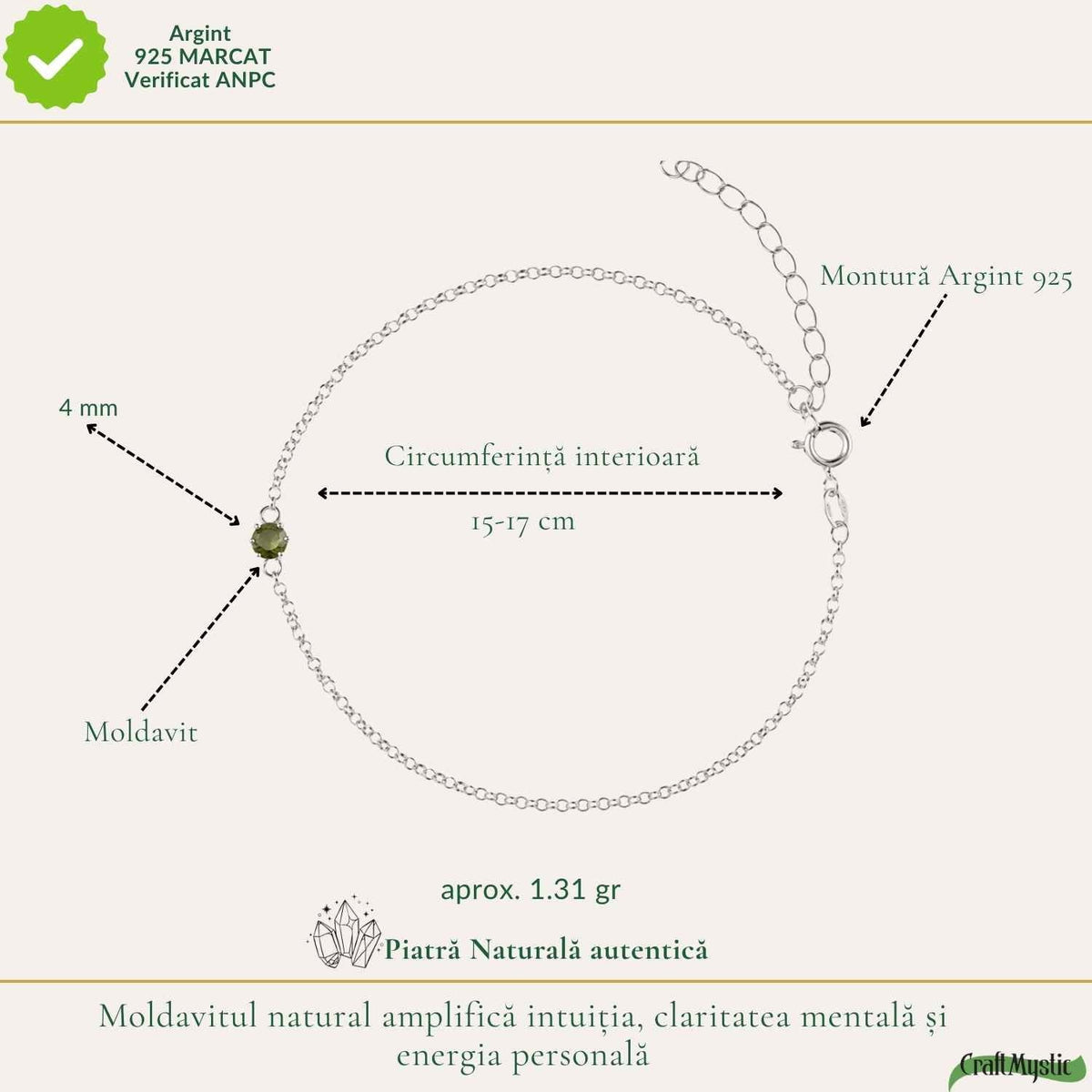 Brățară cu Moldavit, Argint 925 – CraftMystic