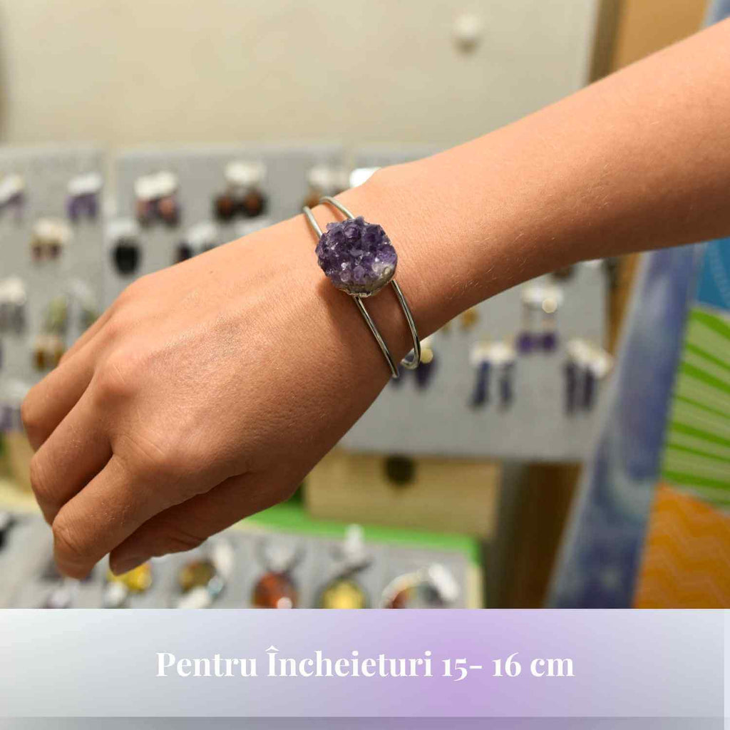 Bratara argintie cu piatra naturala cluster Ametist pentru Claritate si Relaxare