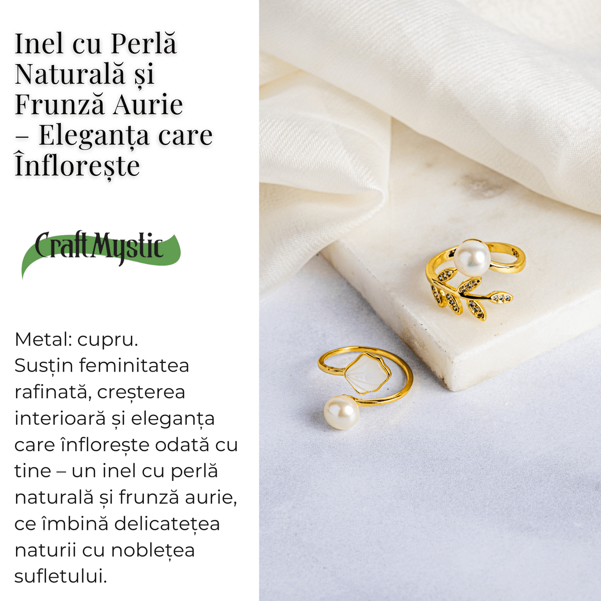Inel cu perla naturala si frunza aurie – Eleganta care infloreste