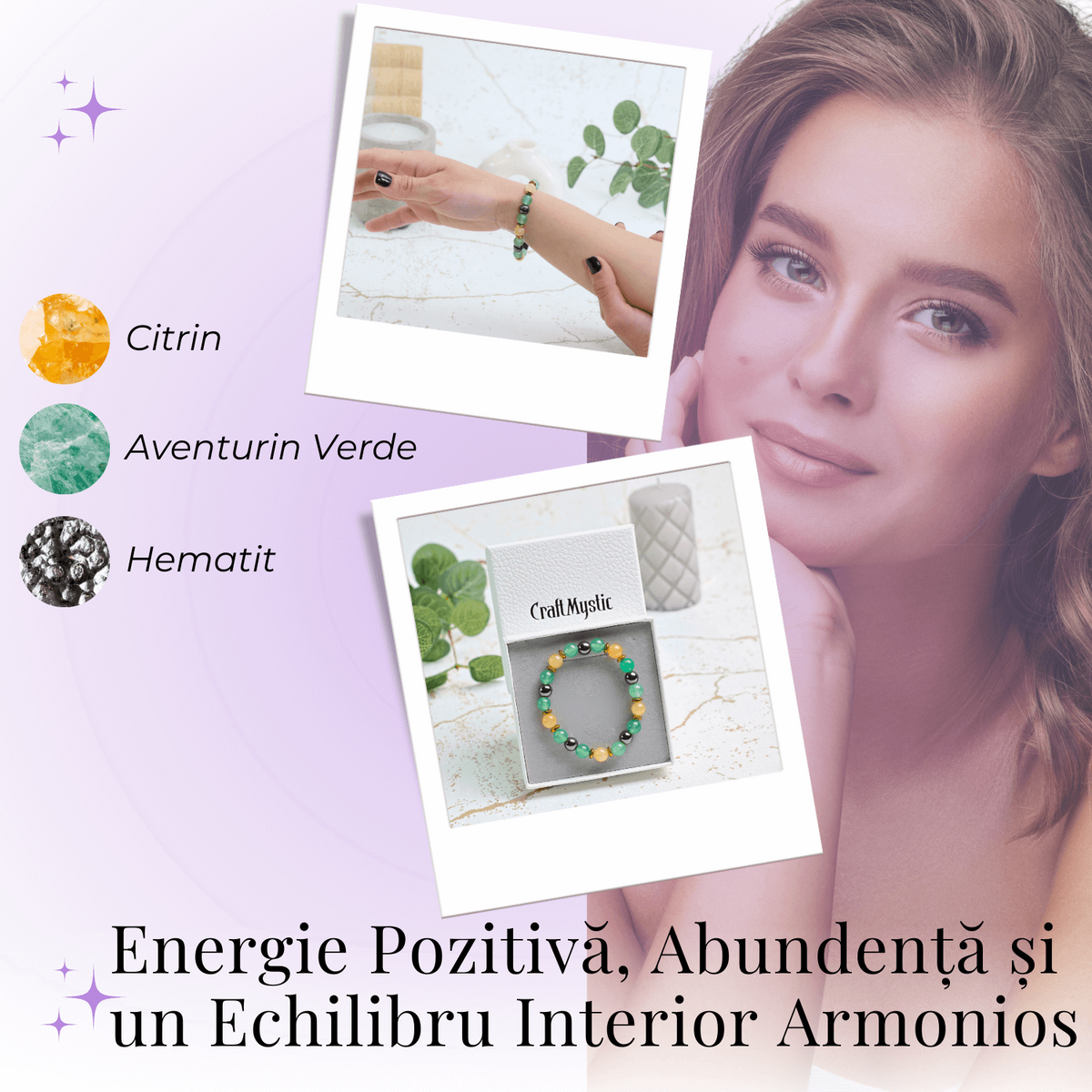 Bratara Elastica Energetizanta cu Margele 8mm din Citrin, Aventurin Verde si Hematit - Armonie si Echilibru