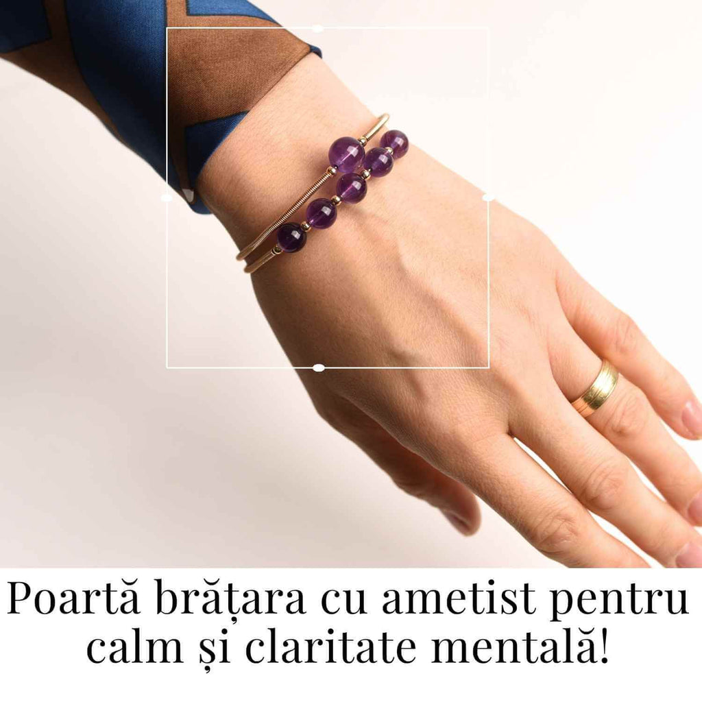 Bratara dubla metalica aurie cu ametist natural pentru calm si claritate mentala