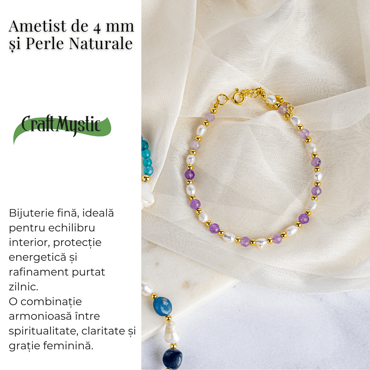Bratara spirituala cu ametist 4mm si perle – Rafinament purtat zilnic