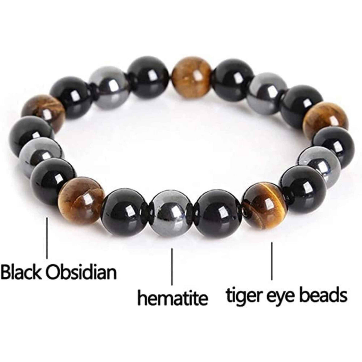 Bratara cu tripla protectie din obsidian negru, ochi de tigru si hematit 10 mm - Bratara feng shui pentru protectie, noroc si prosperitate