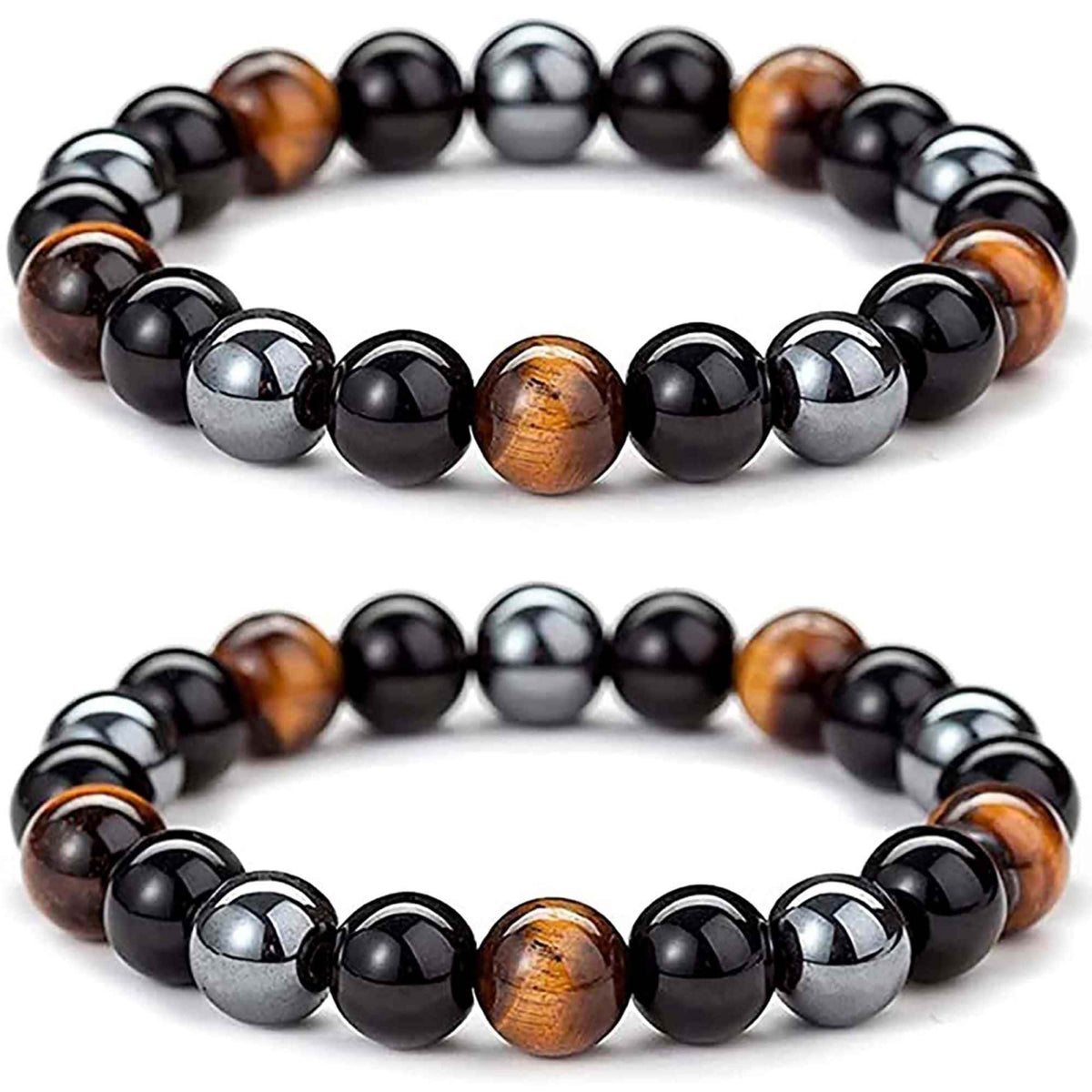 Bratara cu tripla protectie din obsidian negru, ochi de tigru si hematit 10 mm - Bratara feng shui pentru protectie, noroc si prosperitate