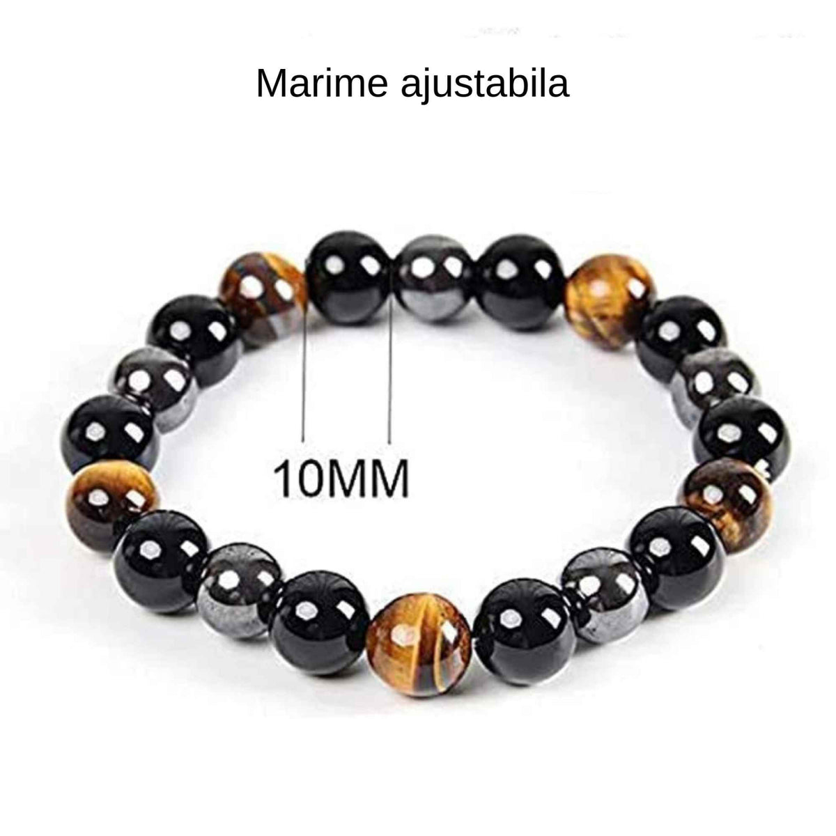 Bratara cu tripla protectie din obsidian negru, ochi de tigru si hematit 10 mm - Bratara feng shui pentru protectie, noroc si prosperitate