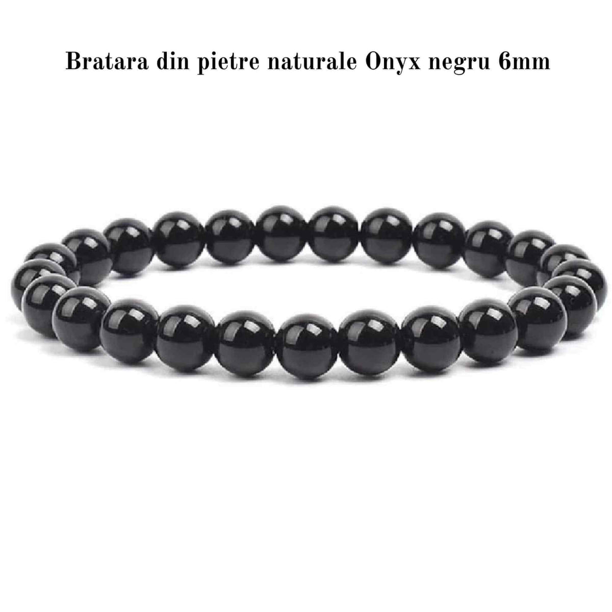 Bratara elastica cu margele de onix negru stralucitor natural de 6 mm - Adevar + Forta - Bratara unisex cu margele neagra de inalta calitate pentru barbati si femei - Dimensiune reglabila