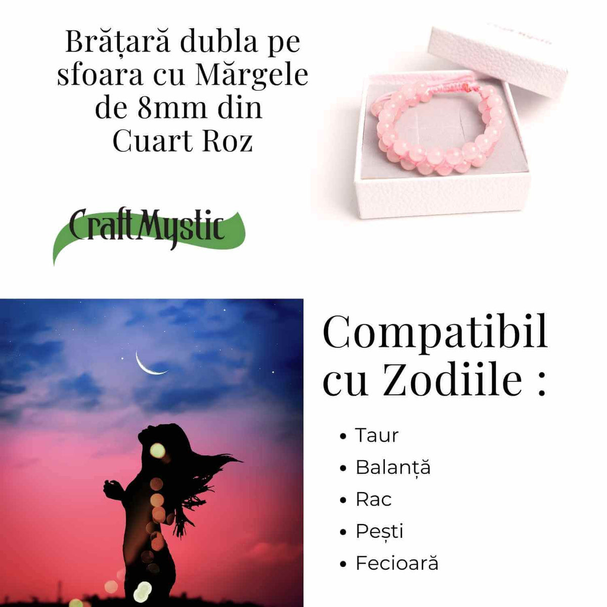 Bratara Dubla Reglabila din Cuart Roz 8mm – Iubire și Armonie