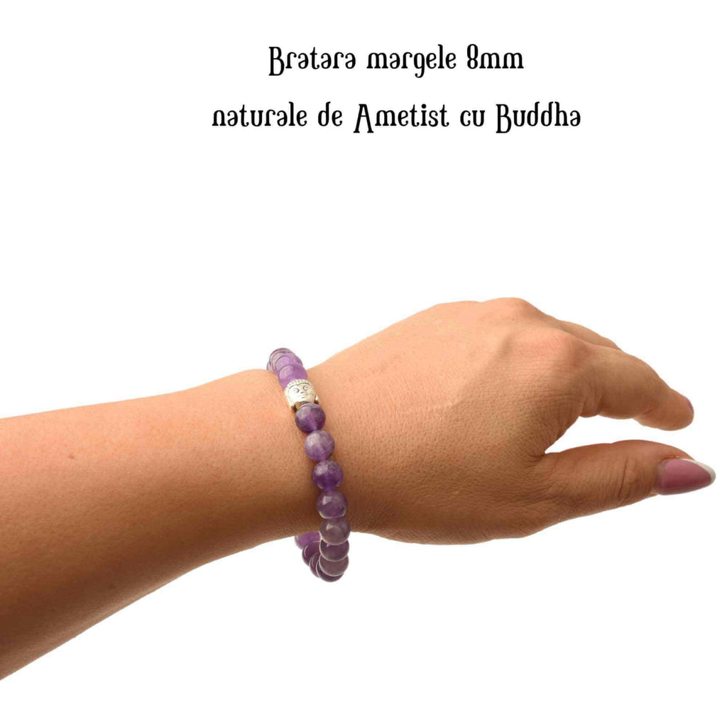 Bratara de Vindecare Reiki cu Pietre de Ametist Natural de 8mm si Capete de Buddha