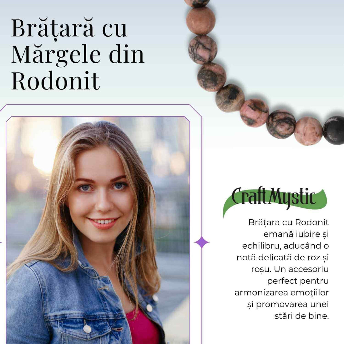 Bratara Elastica cu Margele 6mm din Rodonit -Vindecare Emotionala si Echilibru