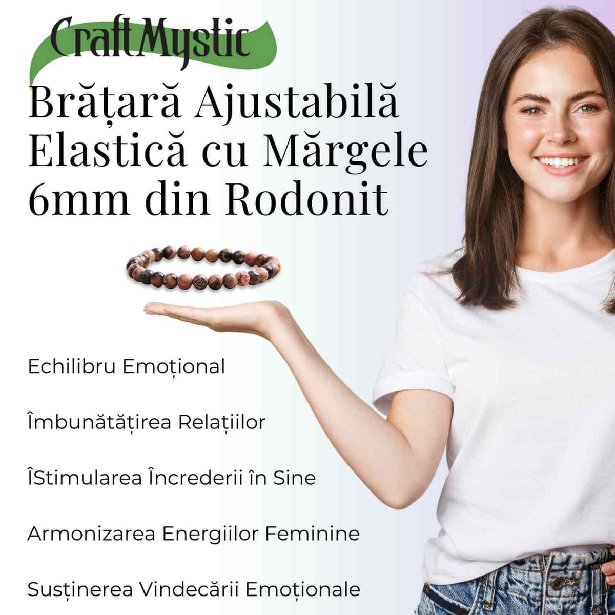 Bratara Elastica cu Margele 6mm din Rodonit -Vindecare Emotionala si Echilibru
