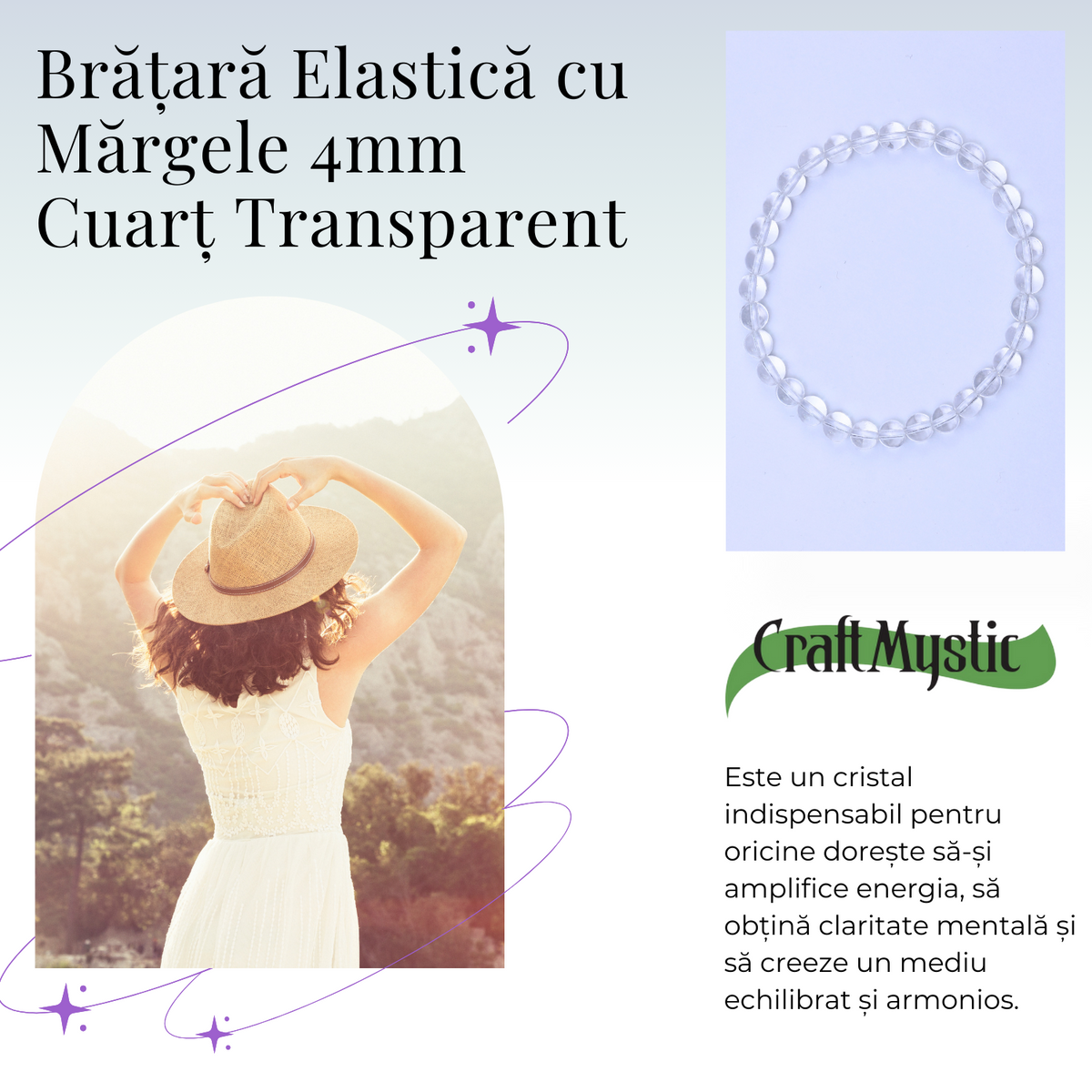 Bratara Elastica cu Margele Naturale de 4mm din Cuart transparent pentru Claritate Mentala si Focus
