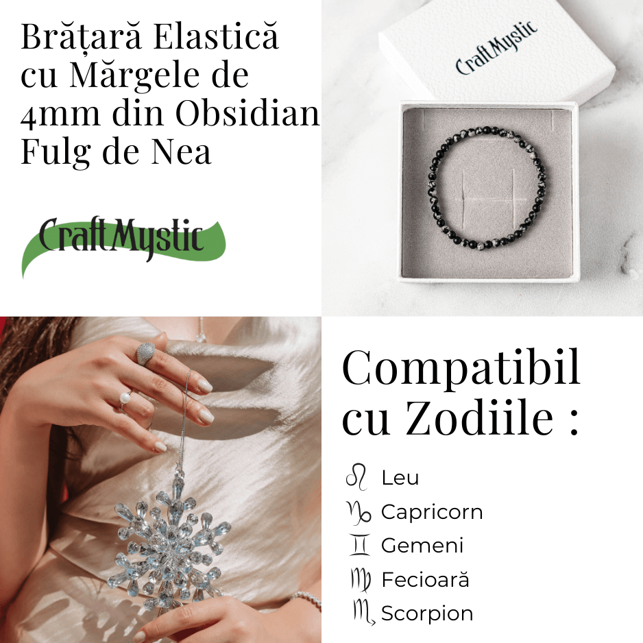 Bratara elastica 4mm din Obsidian Fulg de Nea – Protectie si Echilibru