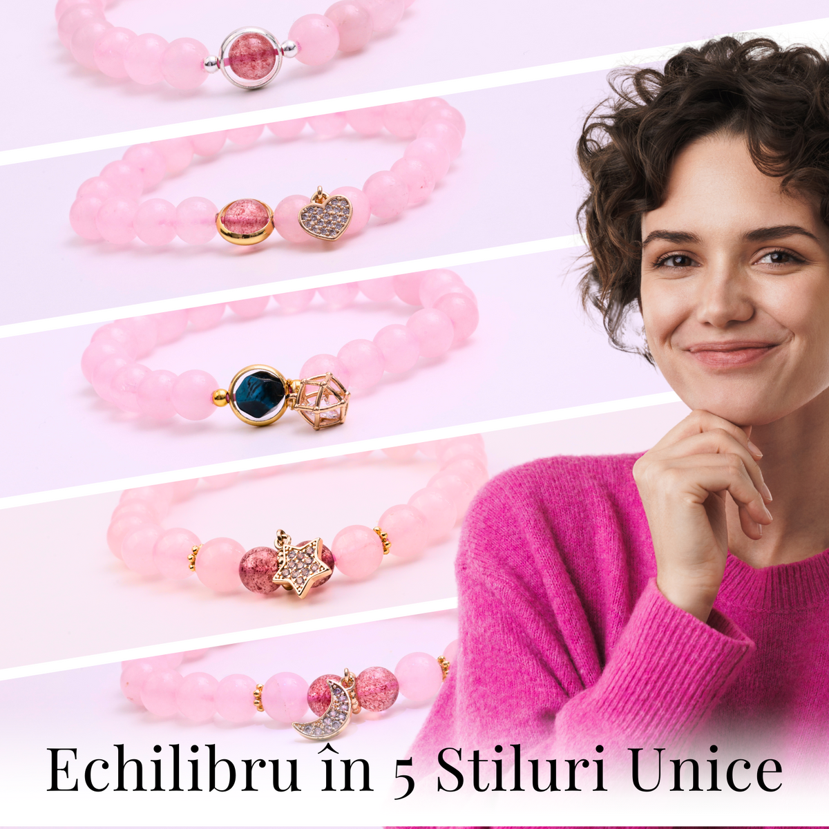 Bratara Elastica cu Margele din Cuart Roz de 8 mm si Pandantiv Steluta