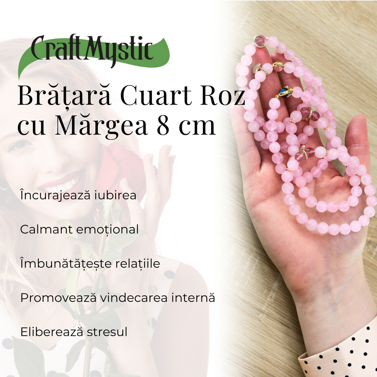 Bratara Elastica cu Margele din Cuart Roz de 8 mm si Pandantiv Steluta
