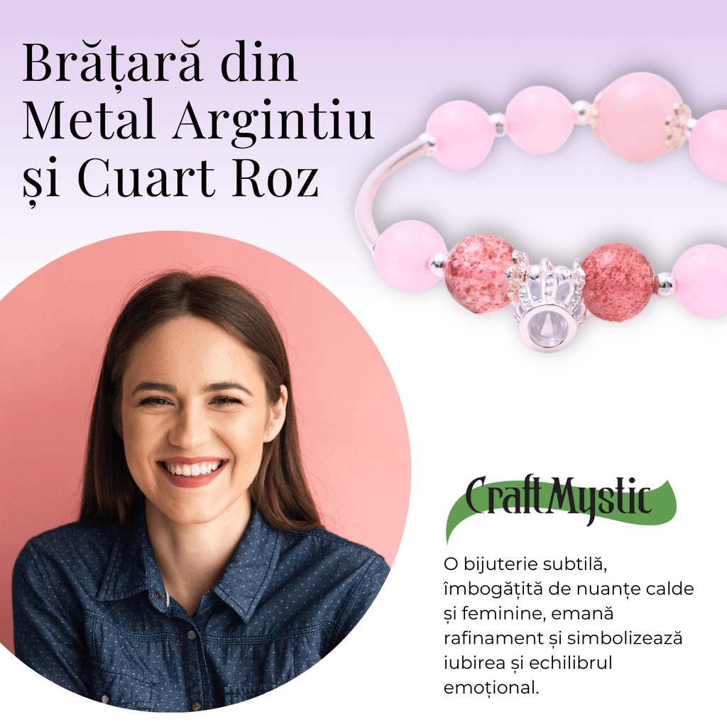 Bratara Metalica cu Margele din Cuart Roz si Pandantiv in Forma de Coroana