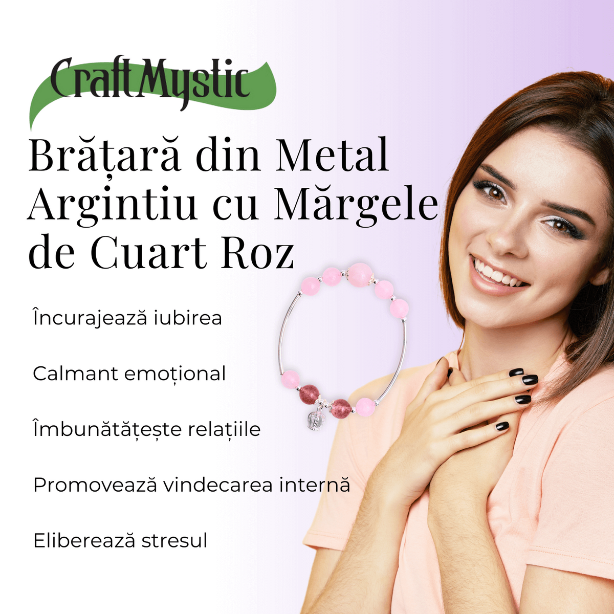 Bratara Metalica cu Margele din Cuart Roz si Pandantiv in Forma de Coroana